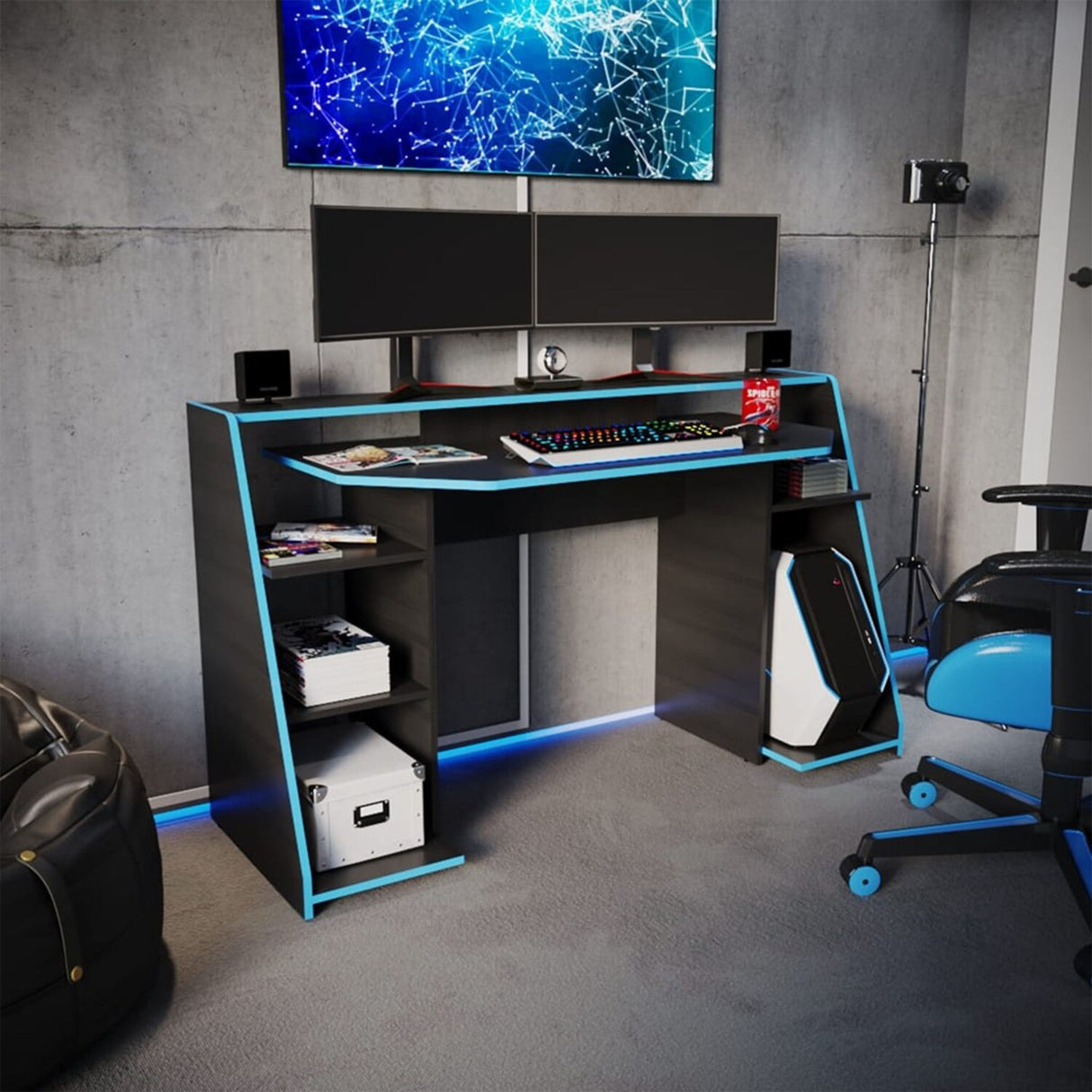 Escritorio Gamer Lax 150.2x88cm Wengue Azul Moderno - Escritorios | Bylmo