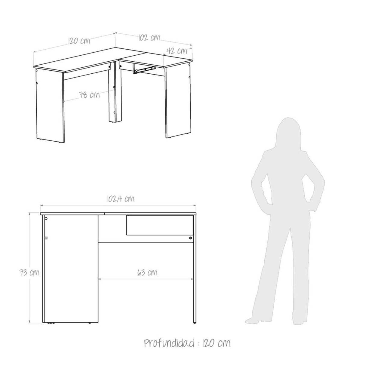 Escritorio en L MDL 102.4X73cm Wengue con Un Cajón - Escritorios | Bylmo