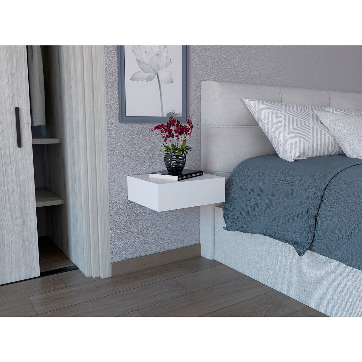 Mesa de Noche Milano Flotante 40x13cm Blanco Minimalista con Un Cajón - Mesas de Noche | Bylmo