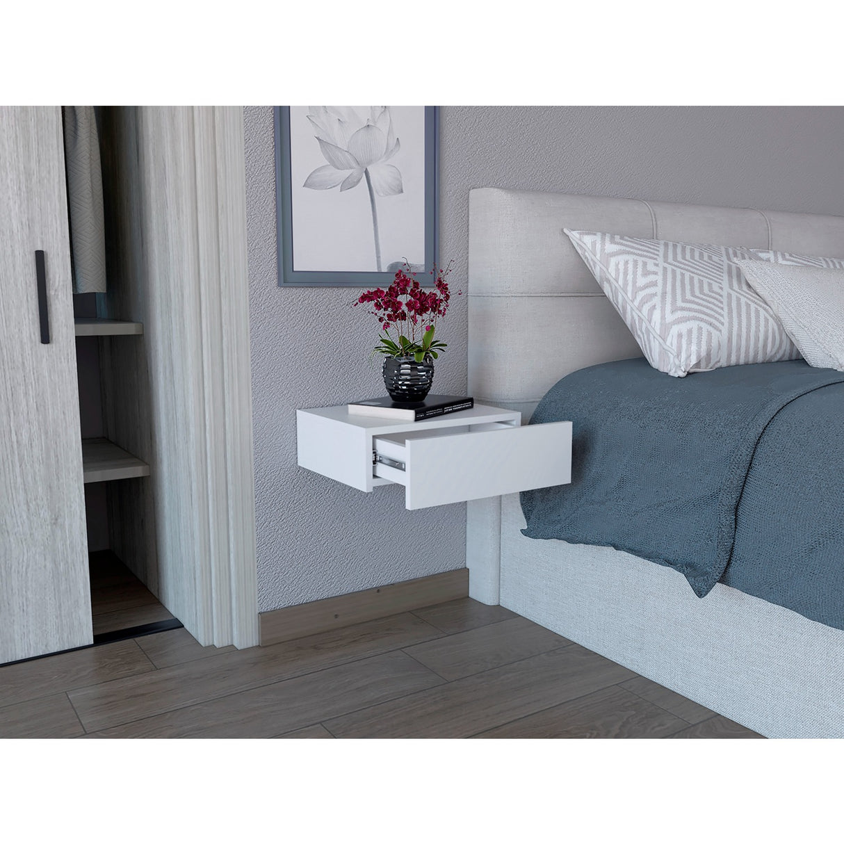 Mesa de Noche Milano Flotante 40x13cm Blanco Minimalista con Un Cajón - Mesas de Noche | Bylmo