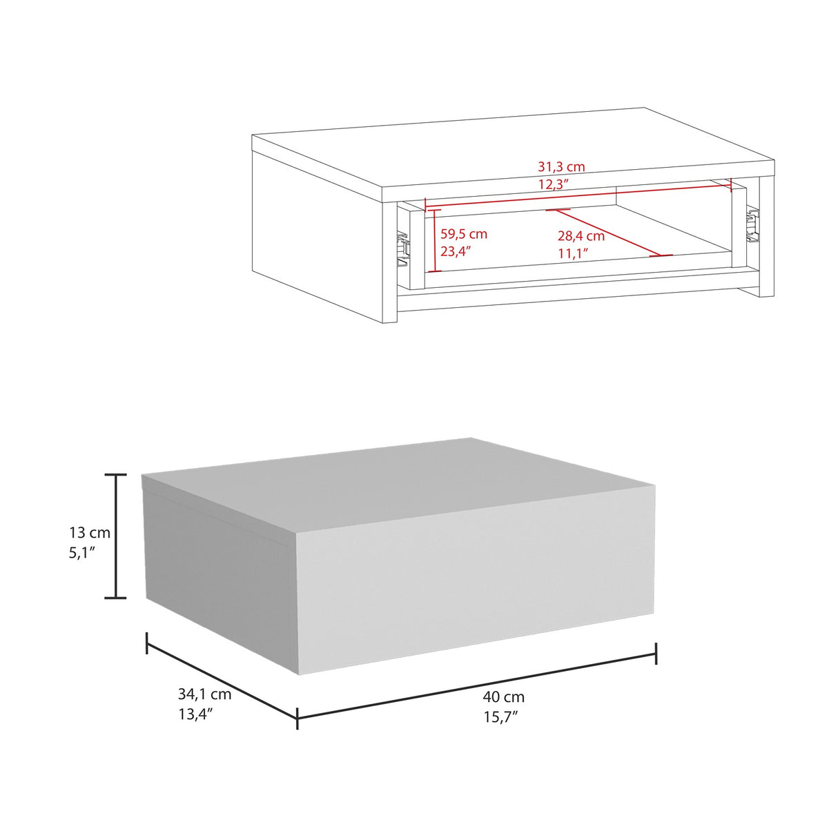 Mesa de Noche Milano Flotante 40x13cm Blanco Minimalista con Un Cajón - Mesas de Noche | Bylmo