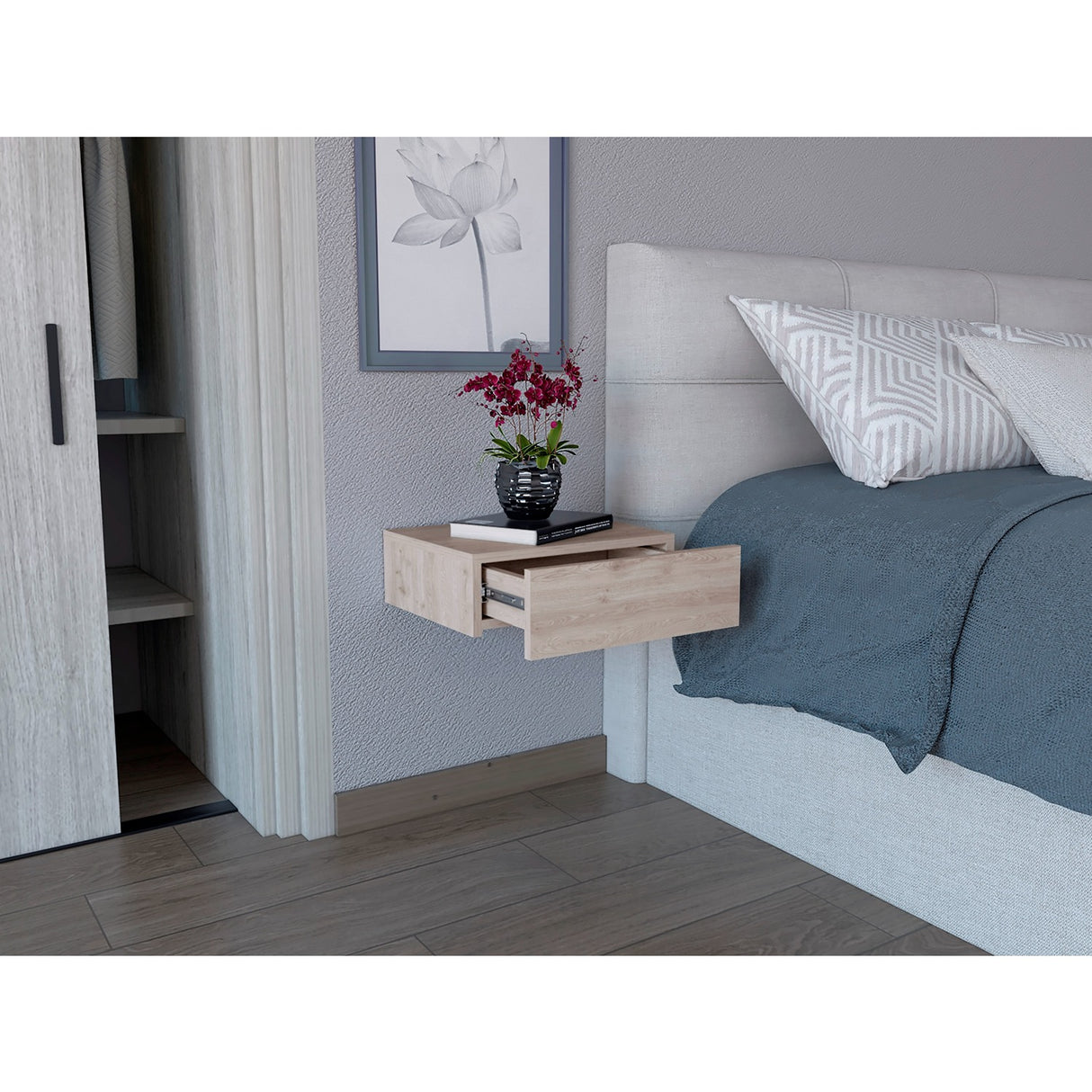 Mesa de Noche Milano Flotante 40x13cm Ceniza Minimalista con Un Cajón - Mesas de Noche | Bylmo