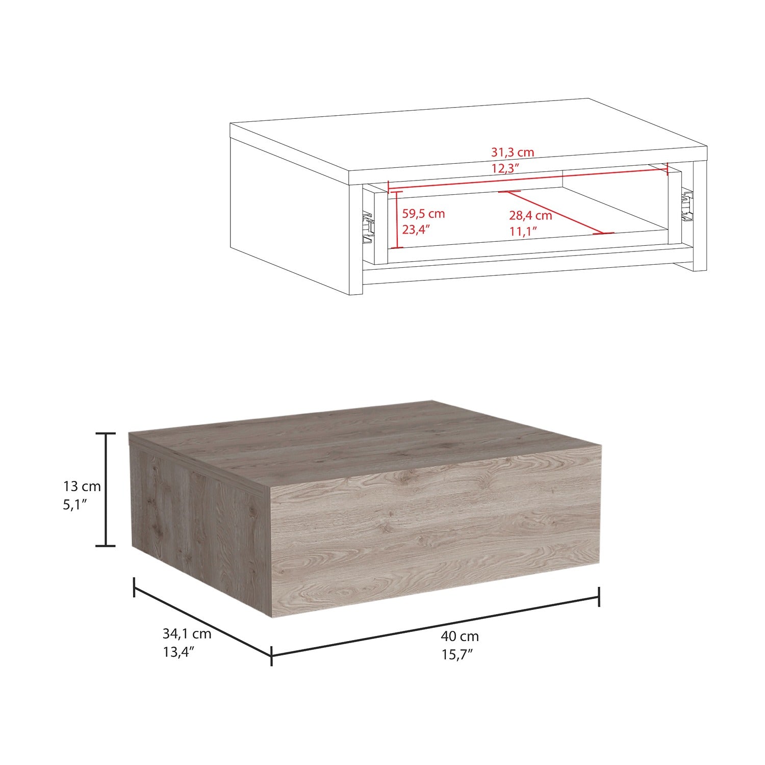 Mesa de Noche Milano Flotante 40x13cm Ceniza Minimalista con Un Cajón - Mesas de Noche | Bylmo