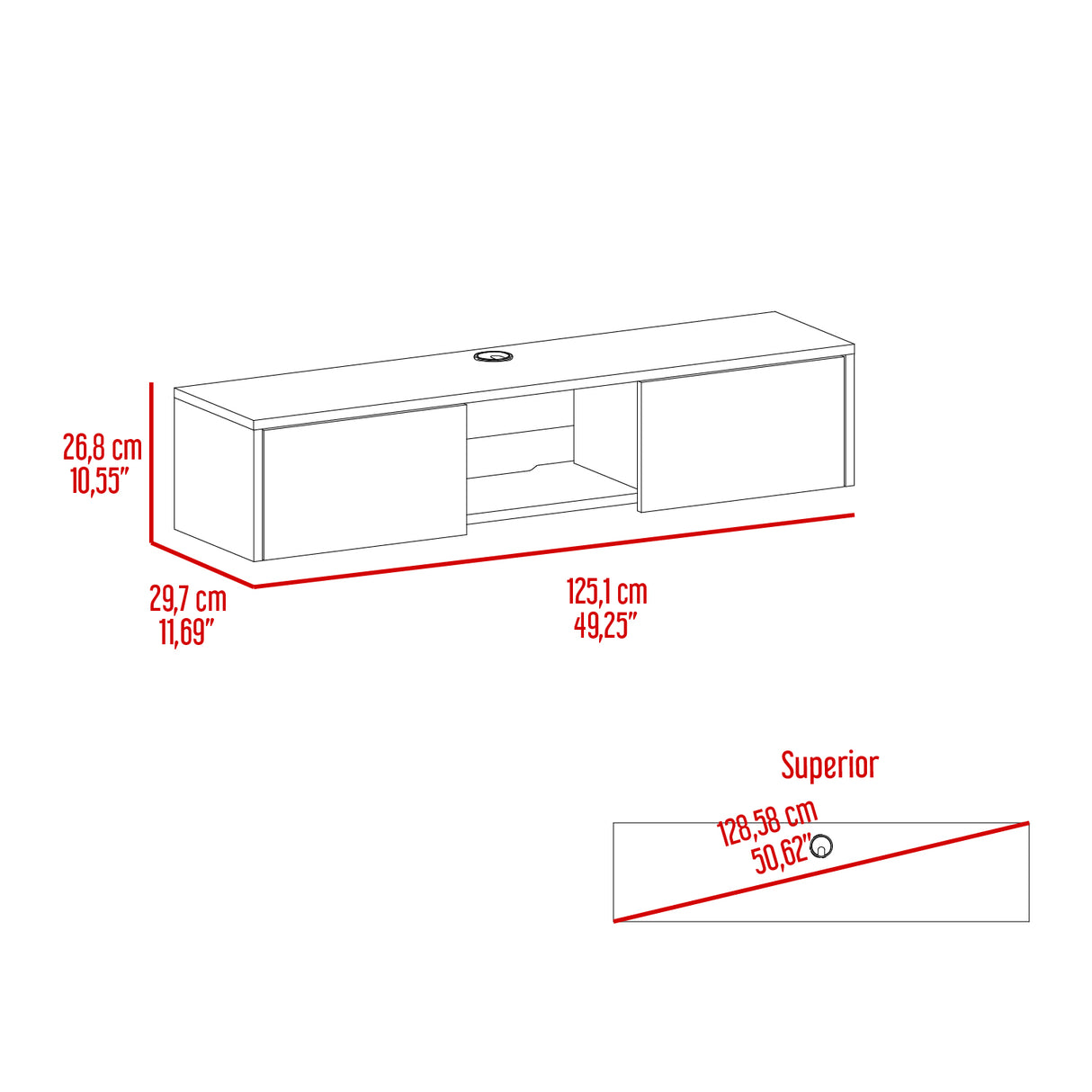 Repisa para TV Glen 125.1x26.8cm Blanco Flotante con Dos Cajones - Muebles de TV | Bylmo
