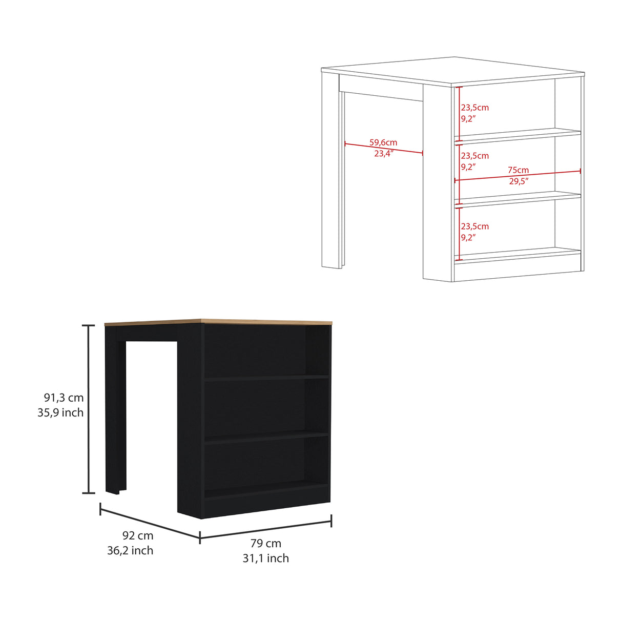 Isla de Cocina Tanna 79x91.3cm Wengue con Tres Entrepaños - Barras y Muebles Auxiliares | Bylmo