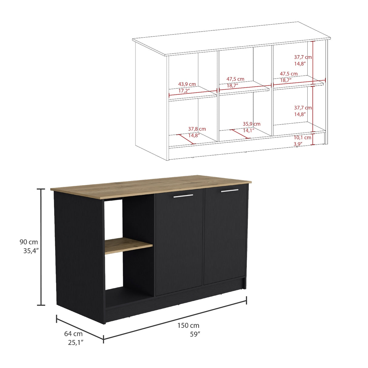 Isla de Cocina Juniper 150x90cm Wengue Moderna con 3 entrepaños - Barras y Muebles Auxiliares | Bylmo