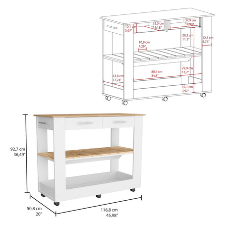 Isla de Cocina Cala 116.8x92.7cm Blanco con Entrepaño y Rodachinas - Barras y Muebles Auxiliares | Bylmo