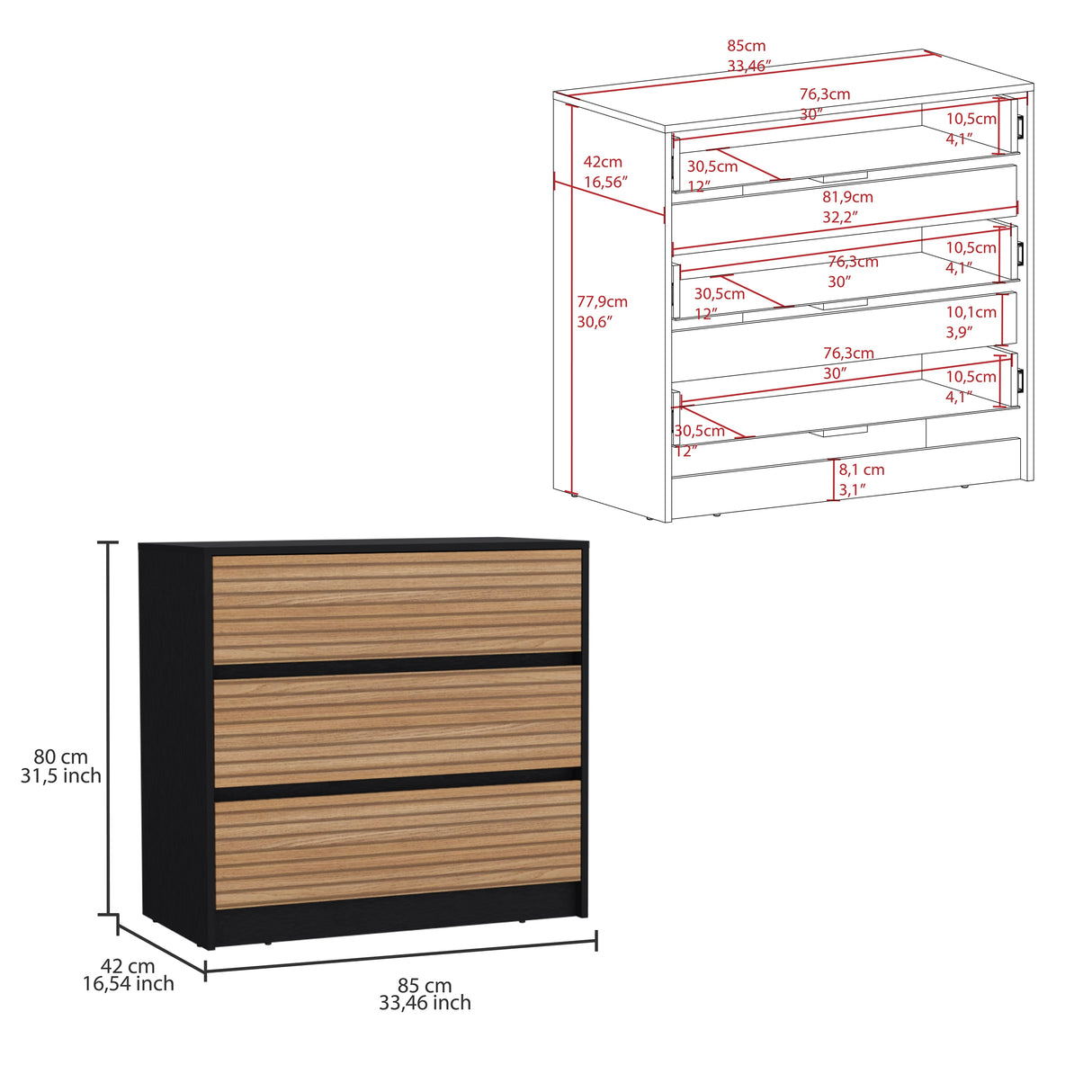 Cajonera Austin Wengue y Miel 85x80cm Con Tres Cajones - Cajoneras y Comodas | Bylmo