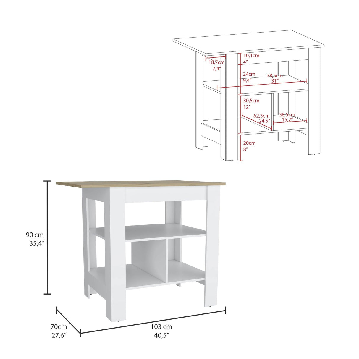 Isla de Cocina Macondo 103x90cm Blanco con Entrepaños - Barras y Muebles Auxiliares | Bylmo