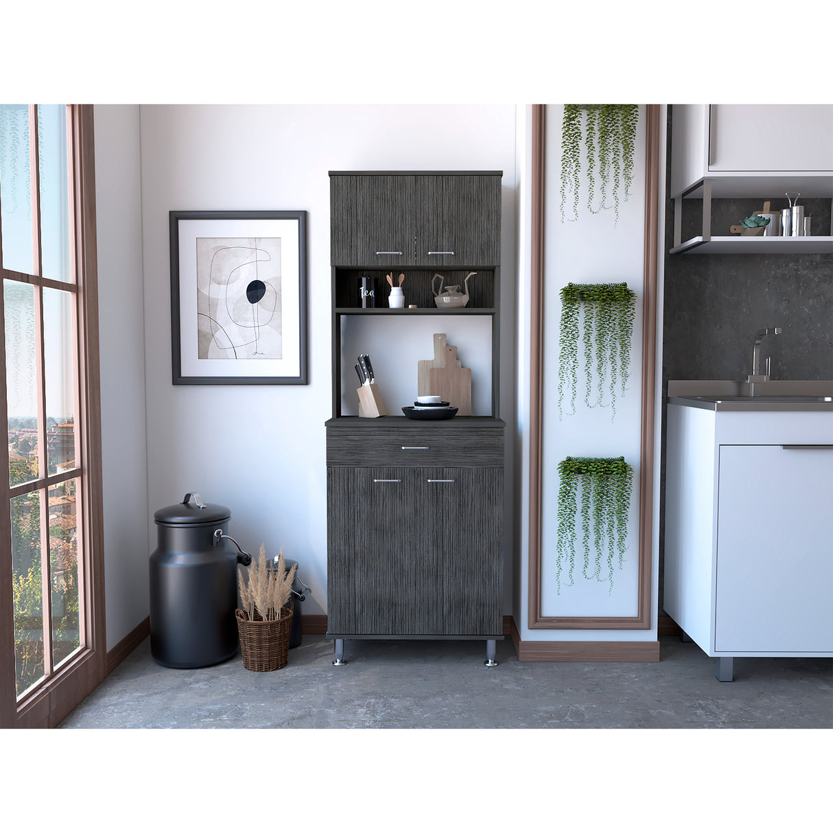 Alacena Della Roble Gris 60x169cm con Un Cajón - Alacenas y Muebles Microondas | Bylmo