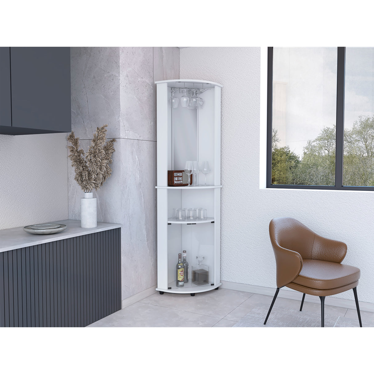 Bar Esquinero Chicago Blanco 45x189.9cm con Portacopas y Espejo. - BARES | Bylmo