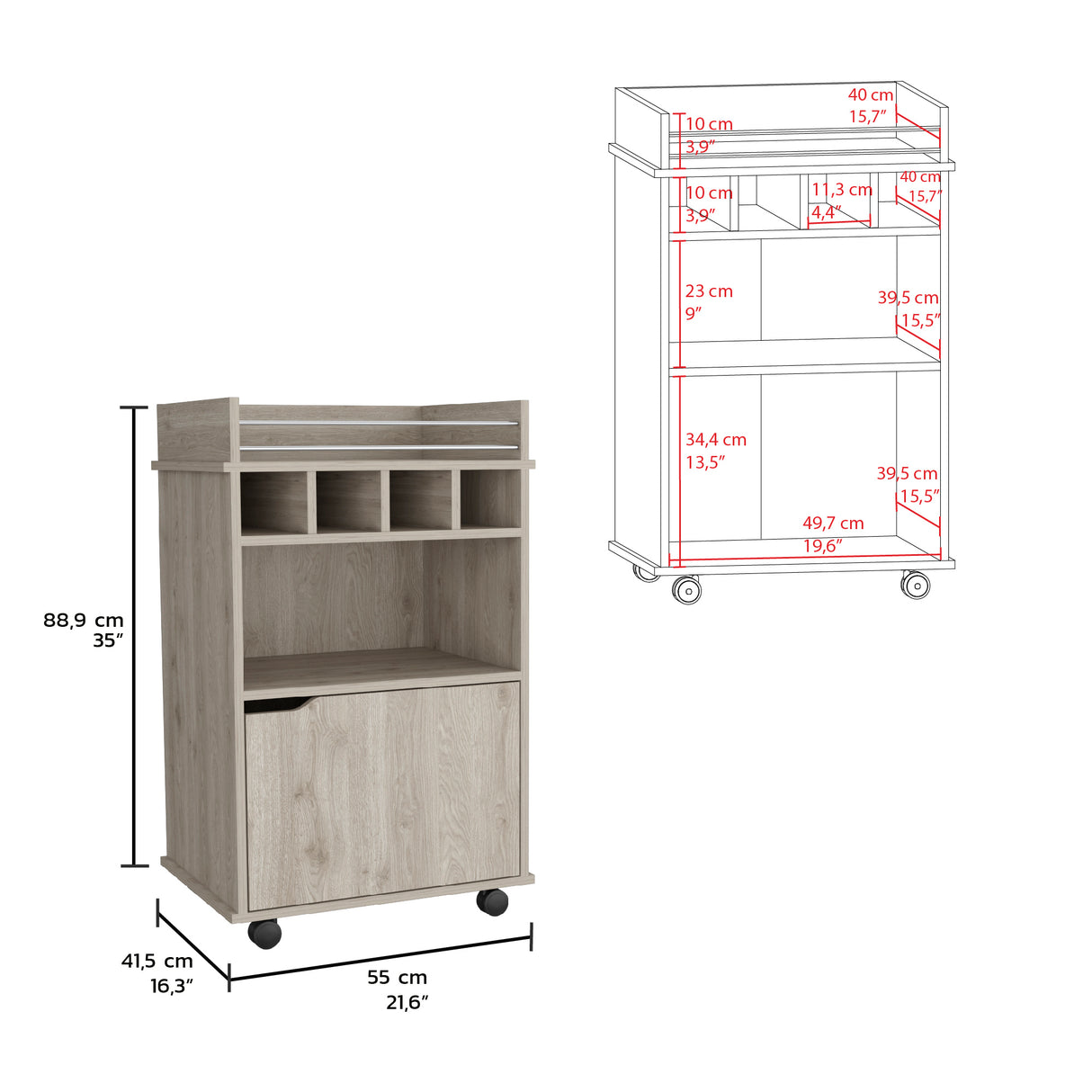 Bar Carro Phoenix Ceniza 55x88.9cm con Ruedas