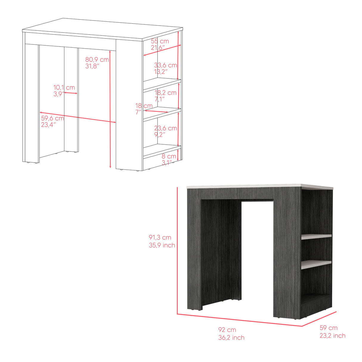 Isla de Cocina Portree Roble Gris 92x91.3cm con Dos Entrepaños - Barras y Muebles Auxiliares | Bylmo