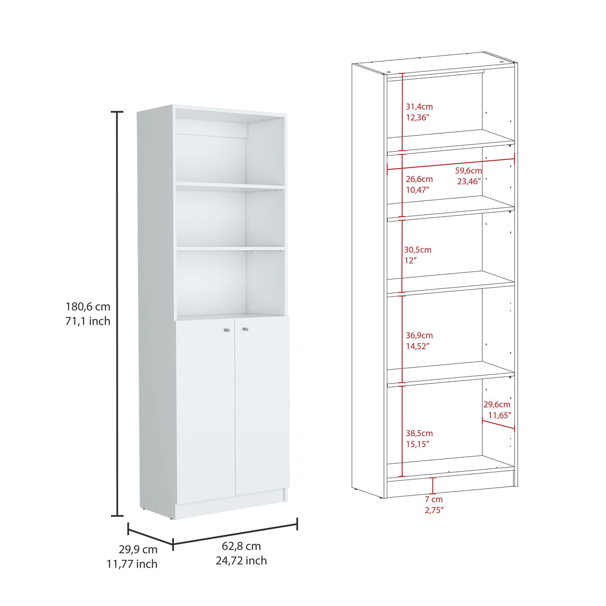Estantería Home Blanca 62.8x180.6cm con Puertas y Cuatro Entrepaños - Bibliotecas y Estanterías | Bylmo