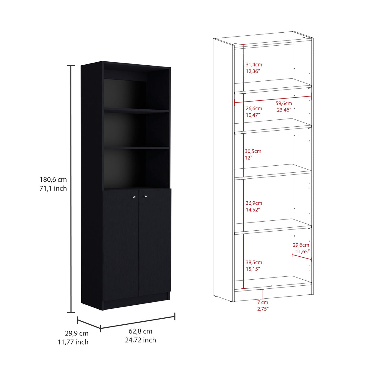 Estantería Home Wengue 62.8x180.6cm con Puertas y Cuatro Entrepaños - Bibliotecas y Estanterías | Bylmo
