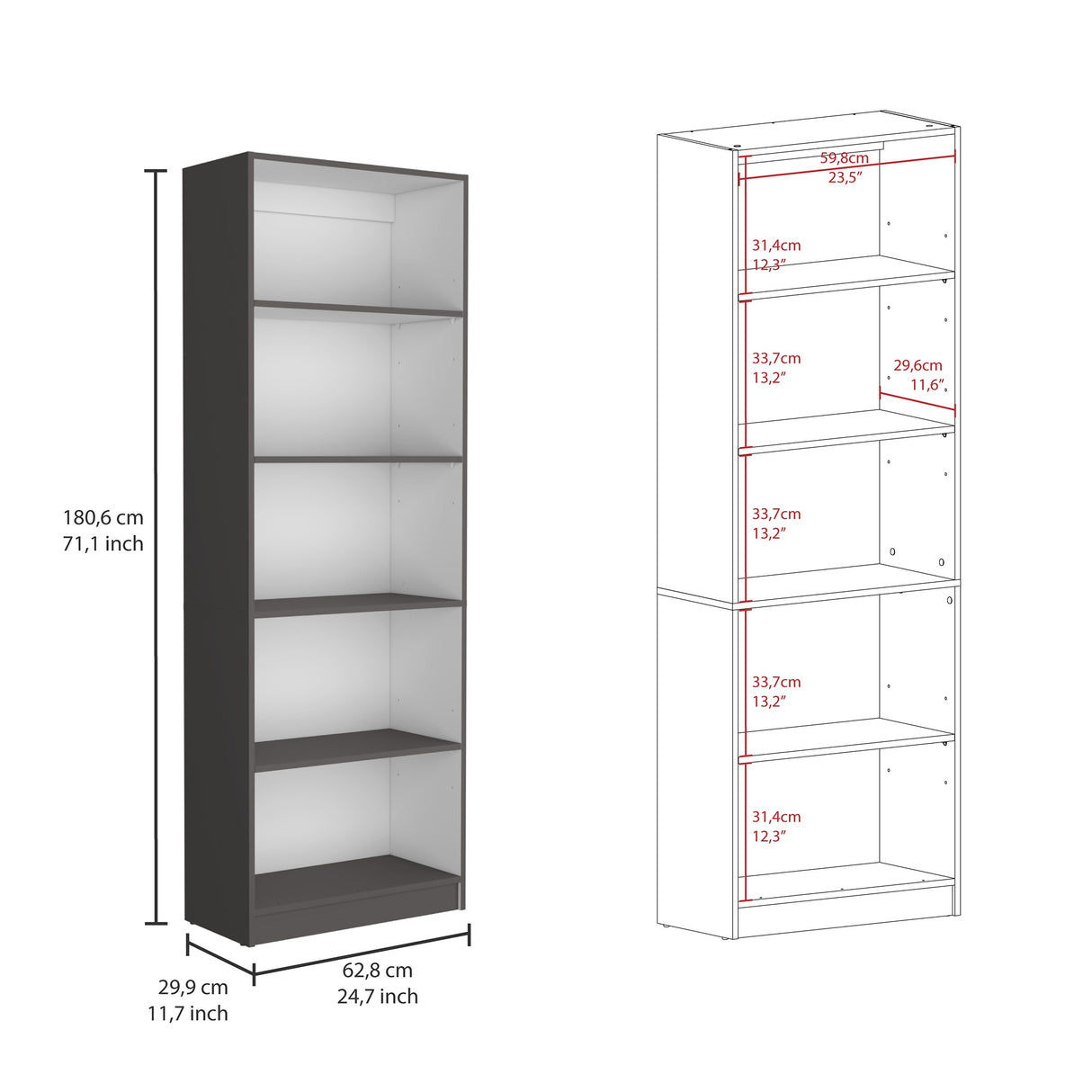 Estantería Home Plomo 62.8x180.6cm con Cuatro Entrepaños - Bibliotecas y Estanterías | Bylmo