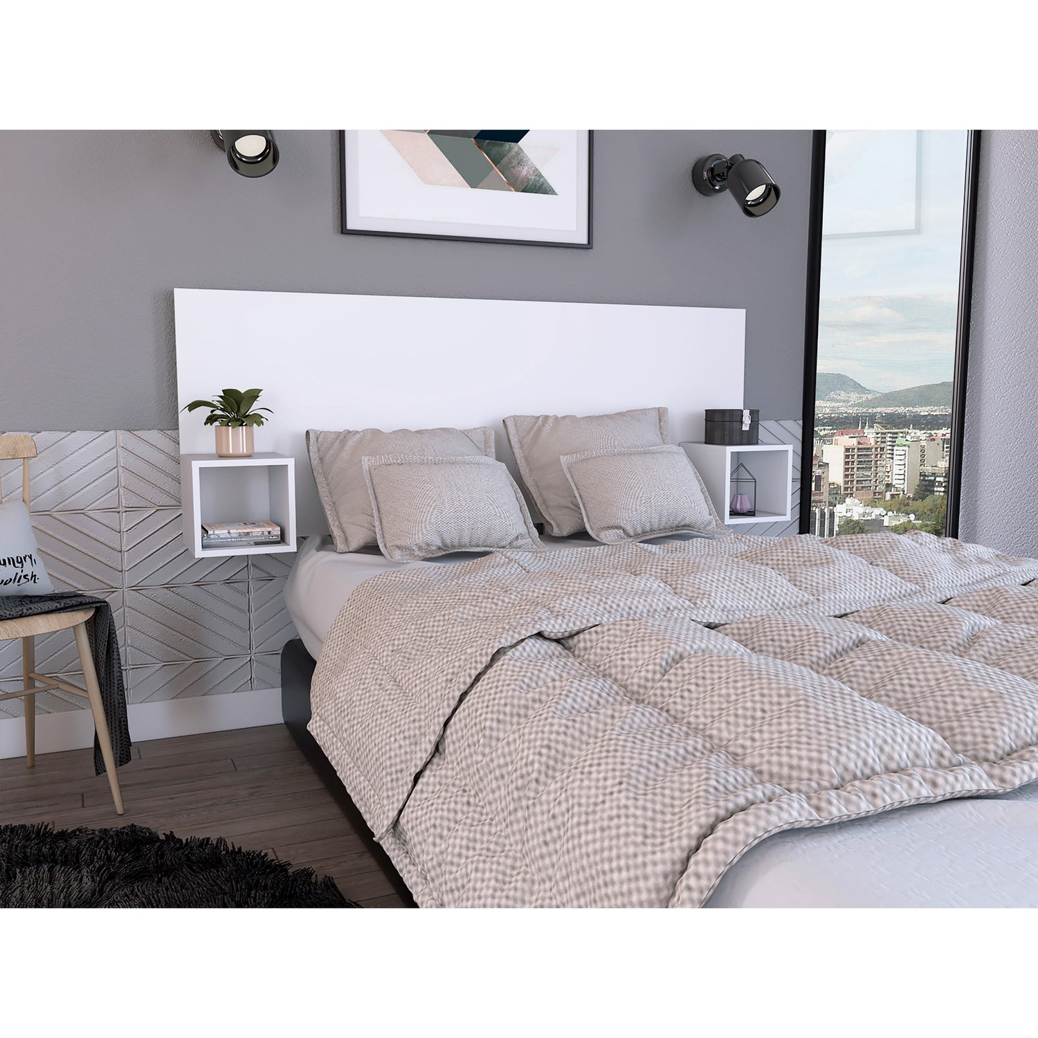 Cabecero Pinot Blanco MDP 190.4x120cm Ajustable con Dos Mesas de Noche Minimalistas - Cabeceros | Bylmo