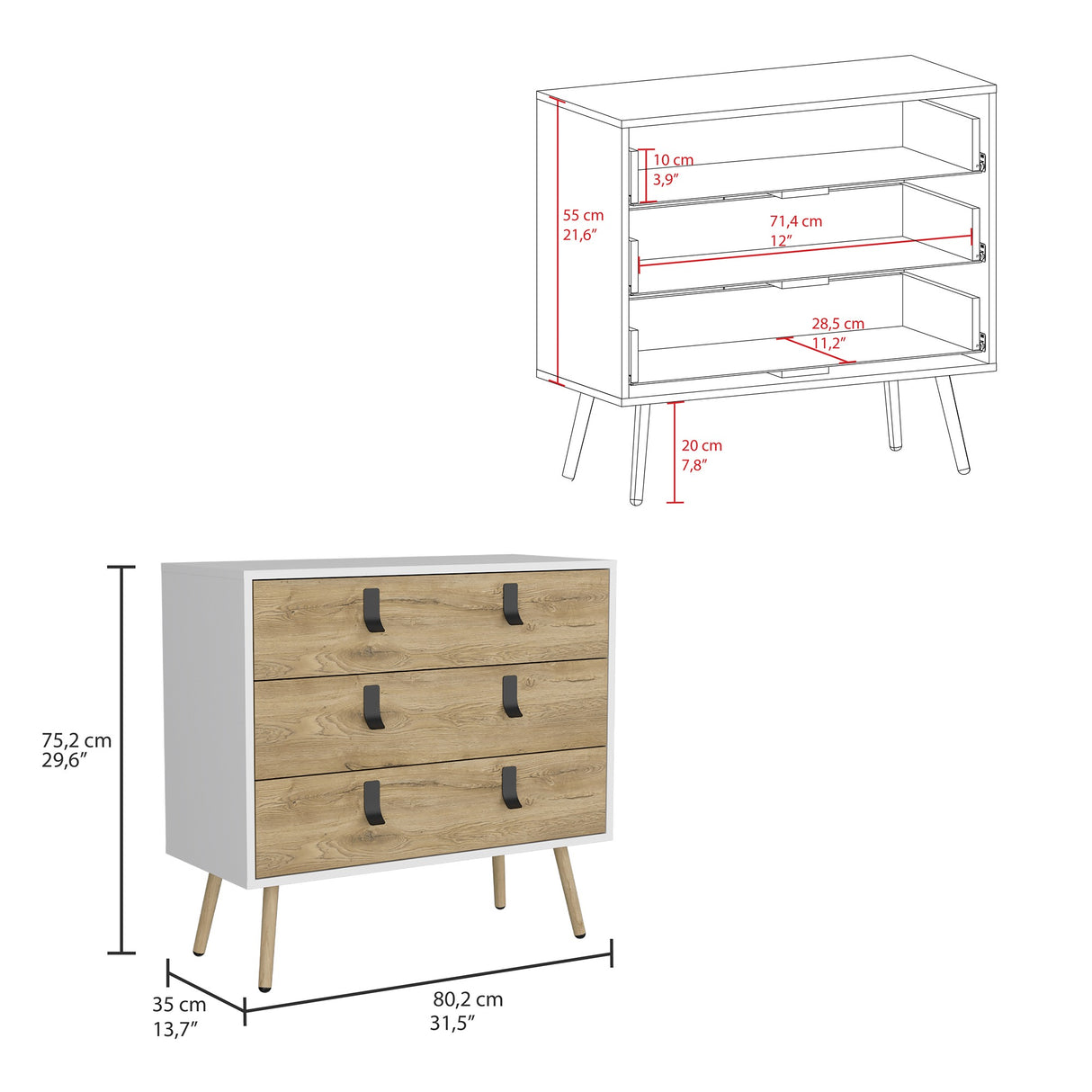 Cajonera Huna Macadamia con Blanco 80.2x75.2cm con Tres Cajones - Cajoneras y Comodas | Bylmo