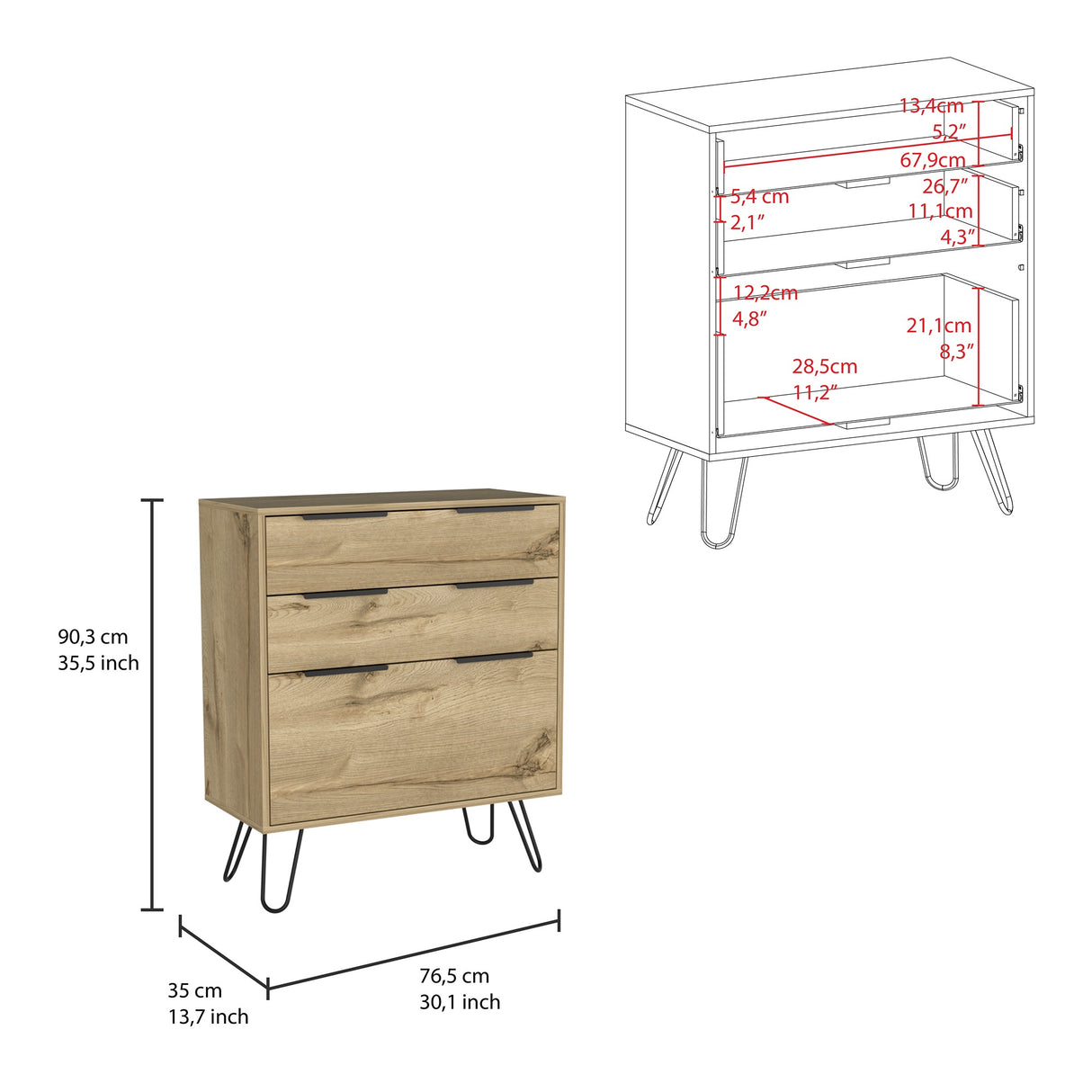 Cómoda Augusta Duna 76.5x90.3cm con Tres Cajones - Cajoneras y Comodas | Bylmo