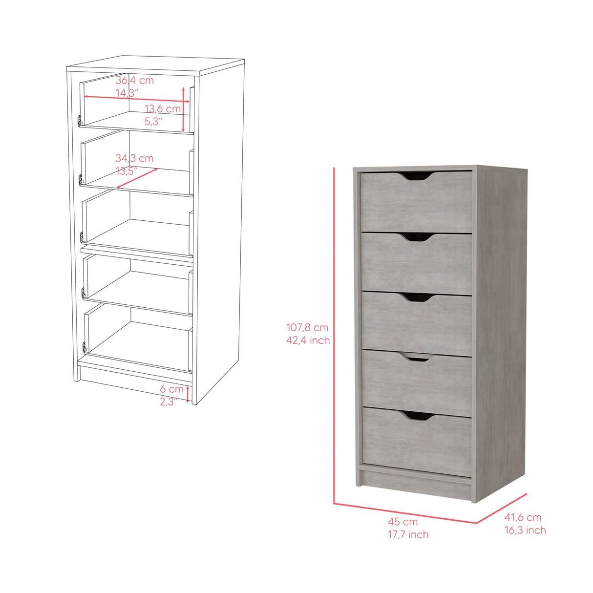 Cómoda Basilea Cemento 45x107.8cm con Cinco Cajones - Cajoneras y Comodas | Bylmo