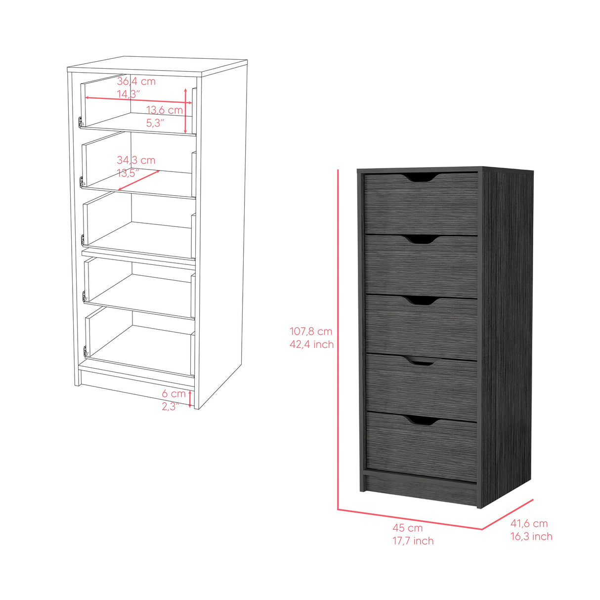 Cómoda Basilea Roble Gris 45x107.8cm con Cinco Cajones - Cajoneras y Comodas | Bylmo
