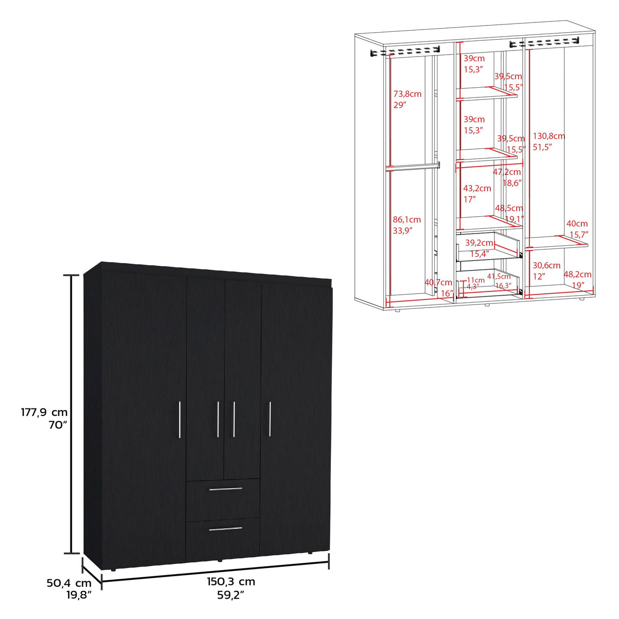 Closet Bariloche Wengue 150.3x177.9cm con Dos Cajones - Closets | Bylmo