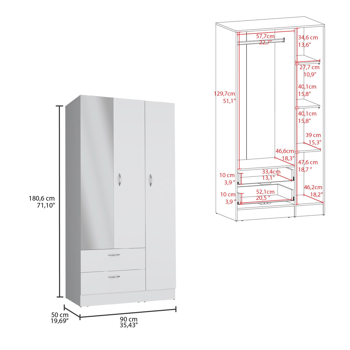 Closet Riverside Blanco 90x180.6 cm con Dos Cajones - Closets | Bylmo