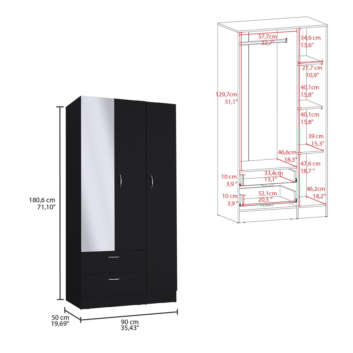 Closet Riverside Wengue 90x180.6 cm con Dos Cajones - Closets | Bylmo