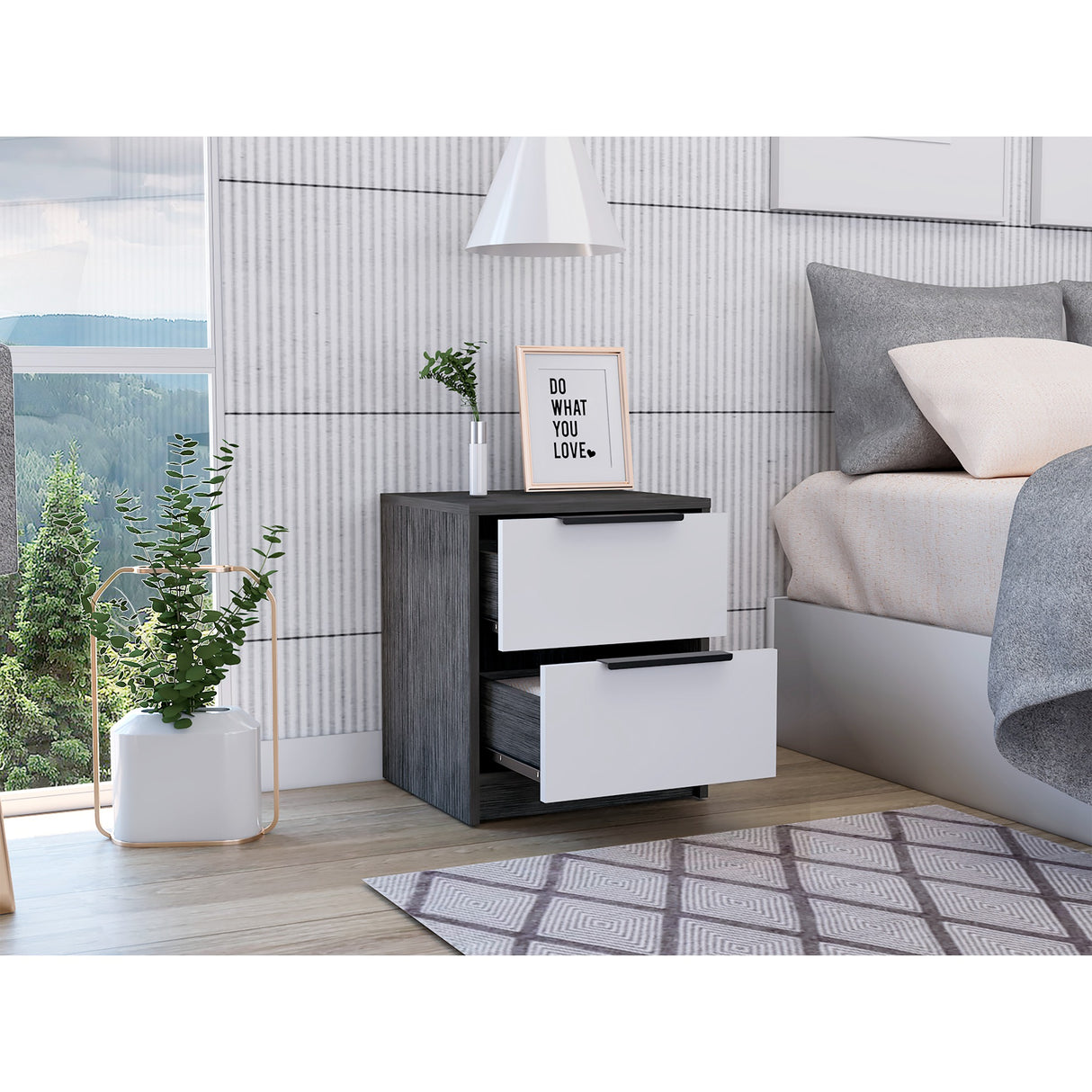 Mesa de Noche Kaia Roble Gris 41x48cm con Dos Cajones - Mesas de Noche | Bylmo