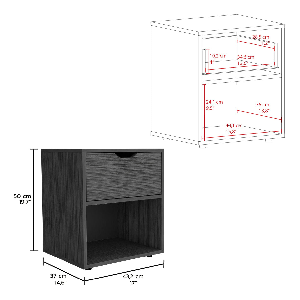 Mesa de Noche Aberdeen Gris 43.2x50cm con Un Cajón - Mesas de Noche | Bylmo