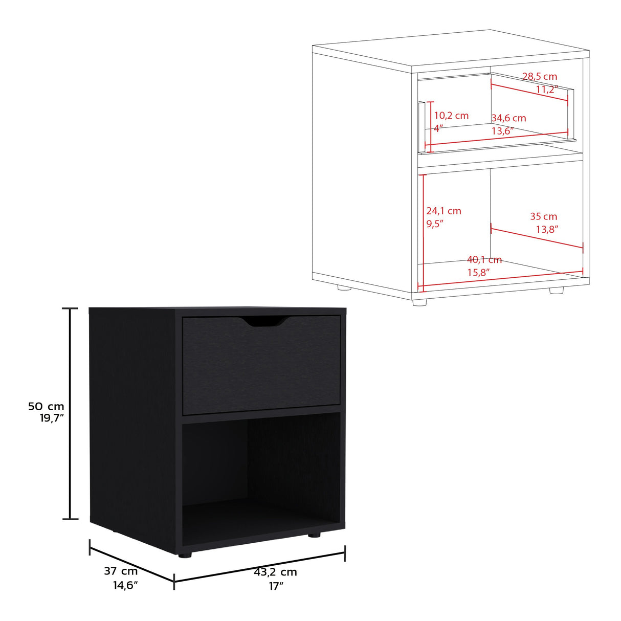 Mesa de Noche Aberdeen Wengue 43.2x50cm con Un Cajón - Mesas de Noche | Bylmo