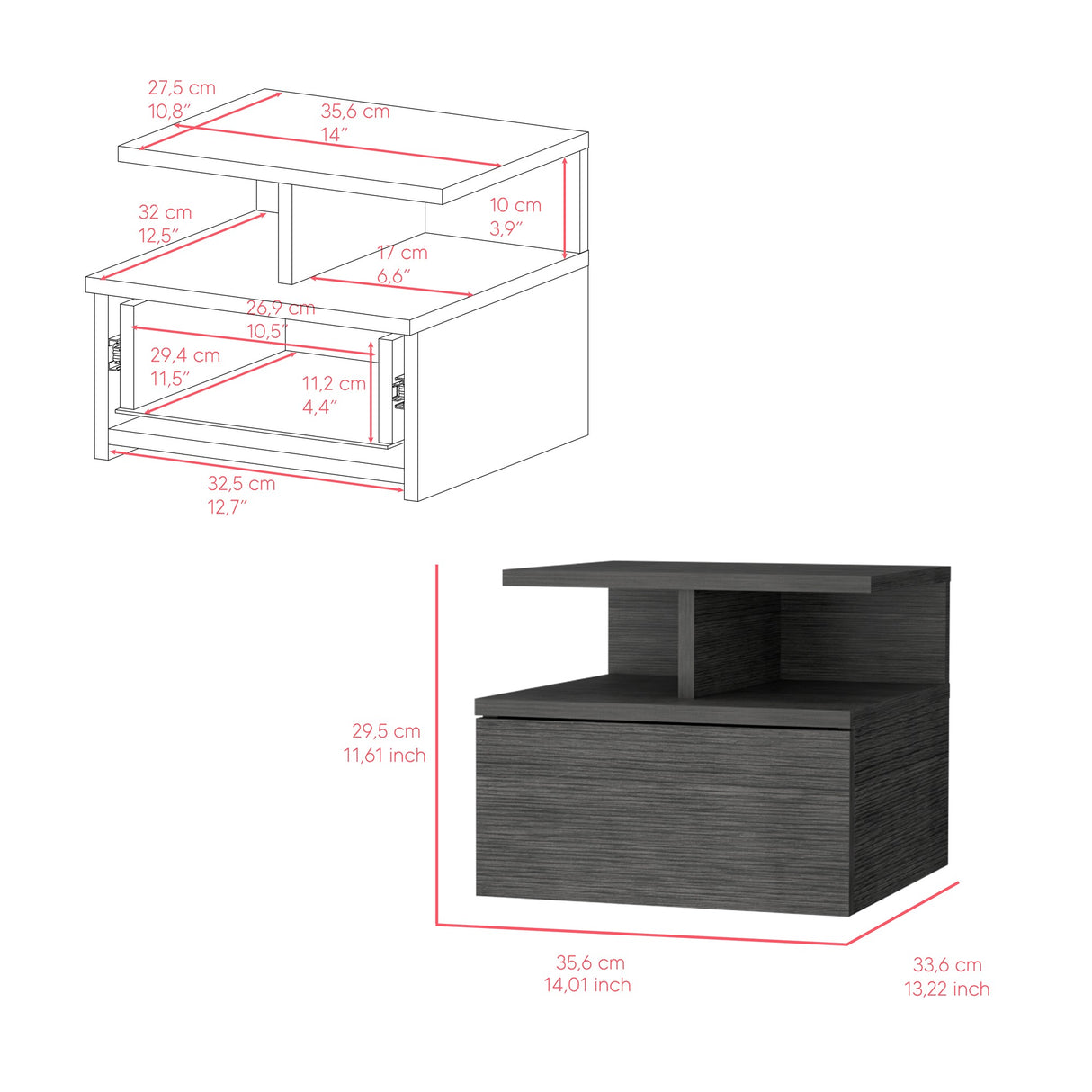 Mesa de Noche Sleep V Roble Gris 35.6x29.5 cm Flotante con Un Cajón - Mesas de Noche | Bylmo