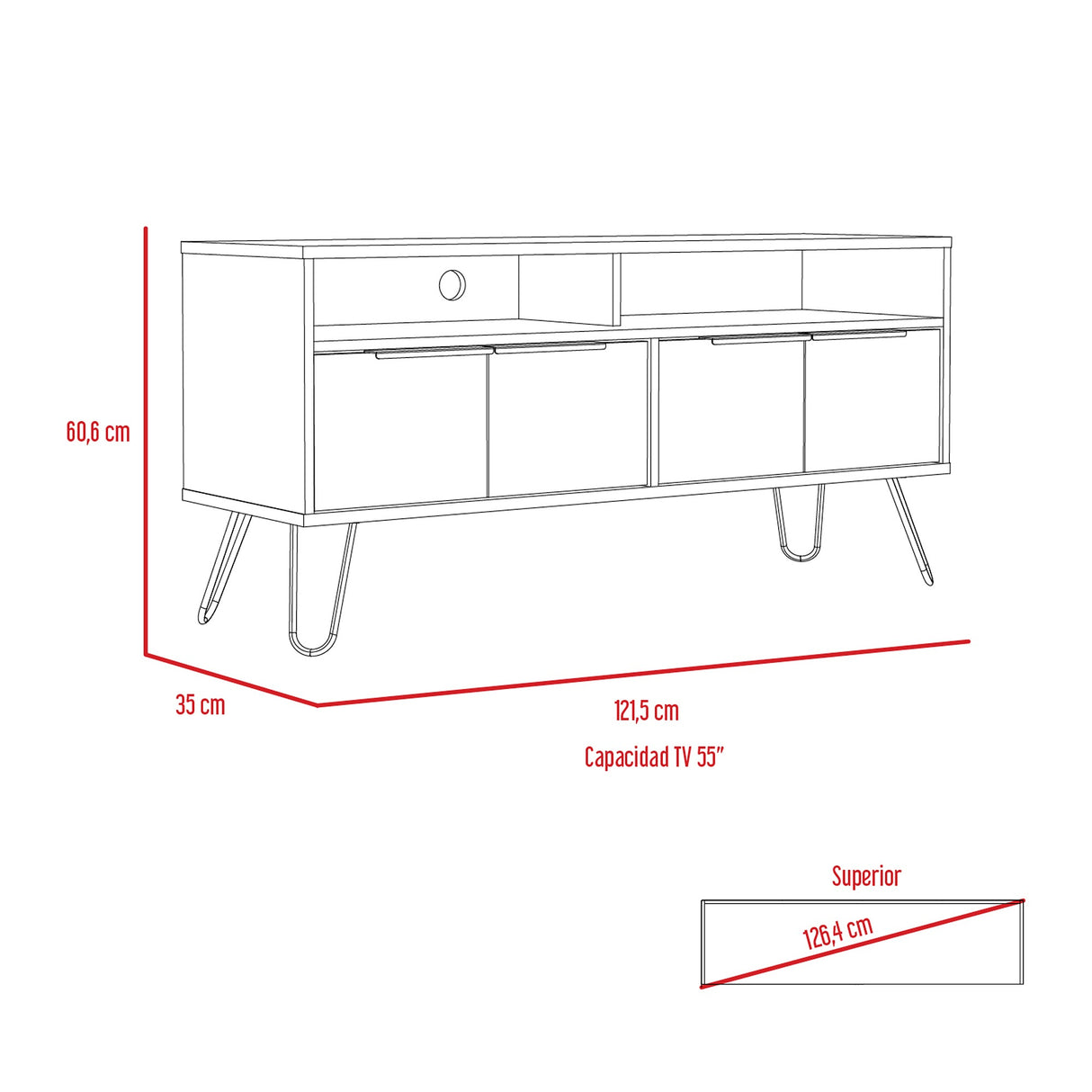 Mesa para TV Vegas Miel 121.5x60.6cm Para TV hasta 55 Pulgadas - Muebles de TV | Bylmo