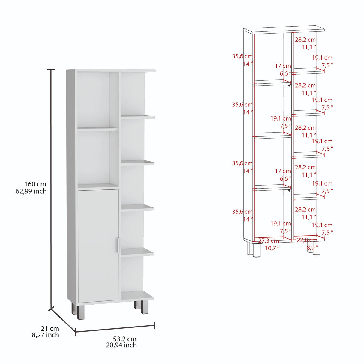 Armario de Baño Tain Blanco 53.2x160cm con Entrepaños - Muebles para Baño | Bylmo