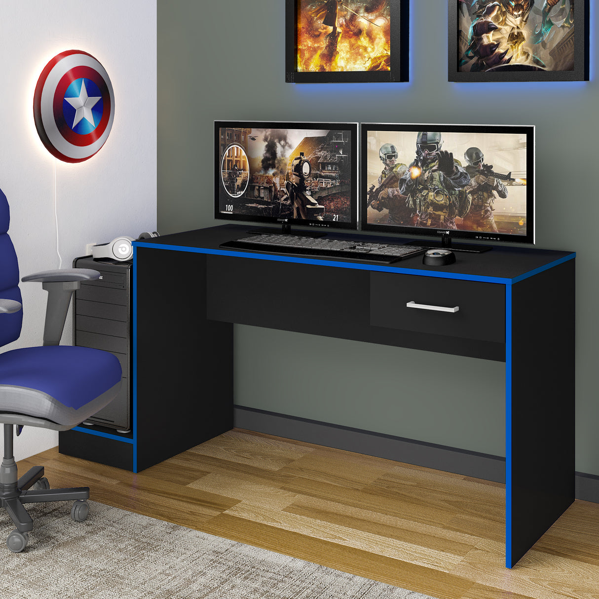 Escritorio Gamer Dakkart Negro con Azul 133x7cm con Un Cajón - Escritorios | Bylmo