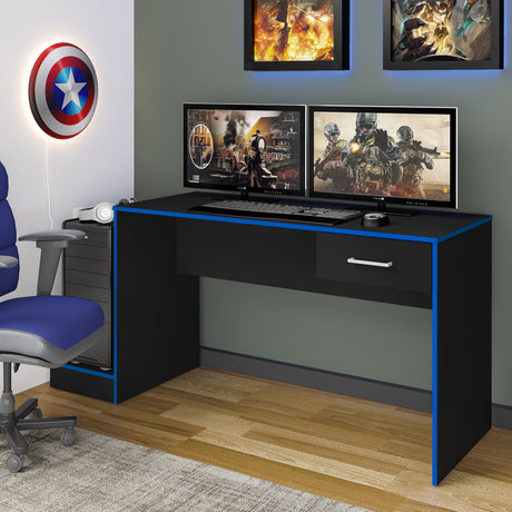 Escritorio Gamer Dakkart Negro con Azul 133x7cm con Un Cajón - Escritorios | Bylmo