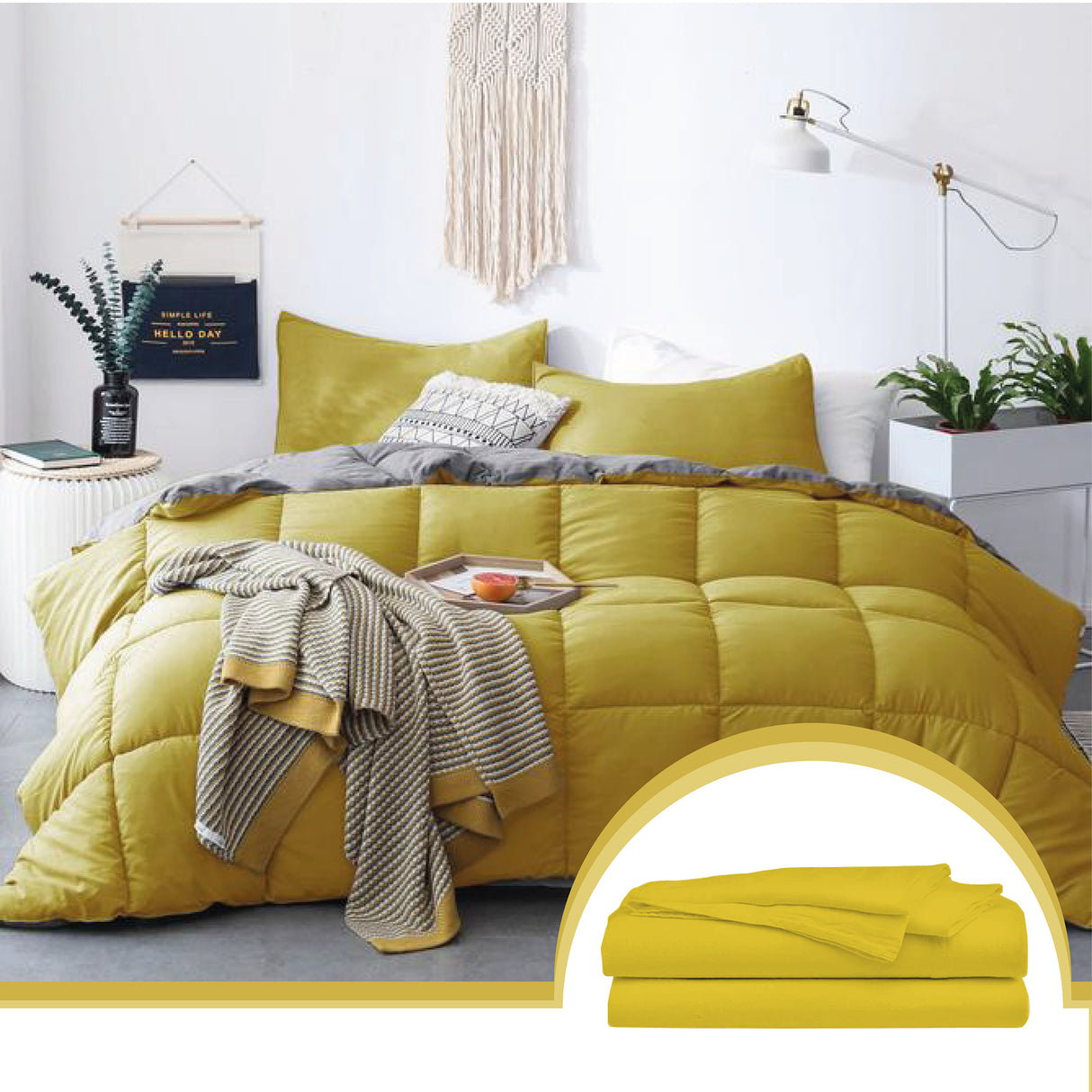 Edredón Ondino Mostaza Gris Claro Para Cama Queen 160x190cm - Tendidos y Cubrelechos | Bylmo