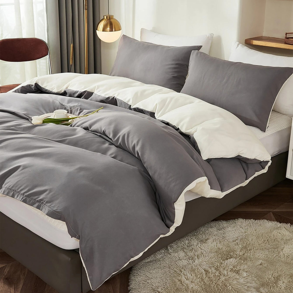 Duvet Lilis Gris Oscuro Crema Para Cama Sencilla 90x190cm - Tendidos y Cubrelechos | Bylmo
