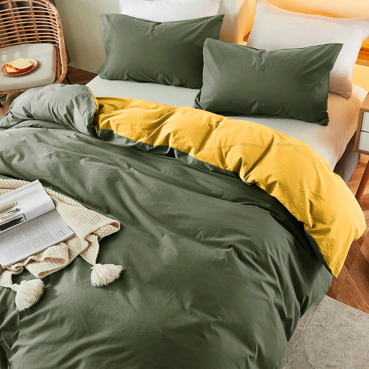 Duvet Lilis Verde Militar Mostaza Para Cama Sencilla 90x190cm - Tendidos y Cubrelechos | Bylmo