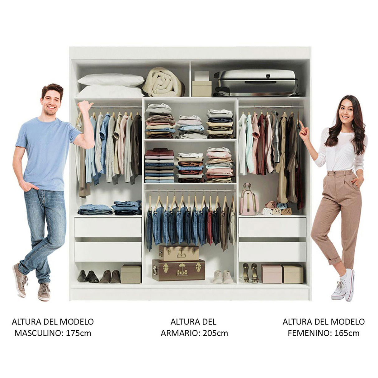 Closet Reno Blanco y Marron 180x205cm con Espejo y Cinco Cajones - Closets | Bylmo