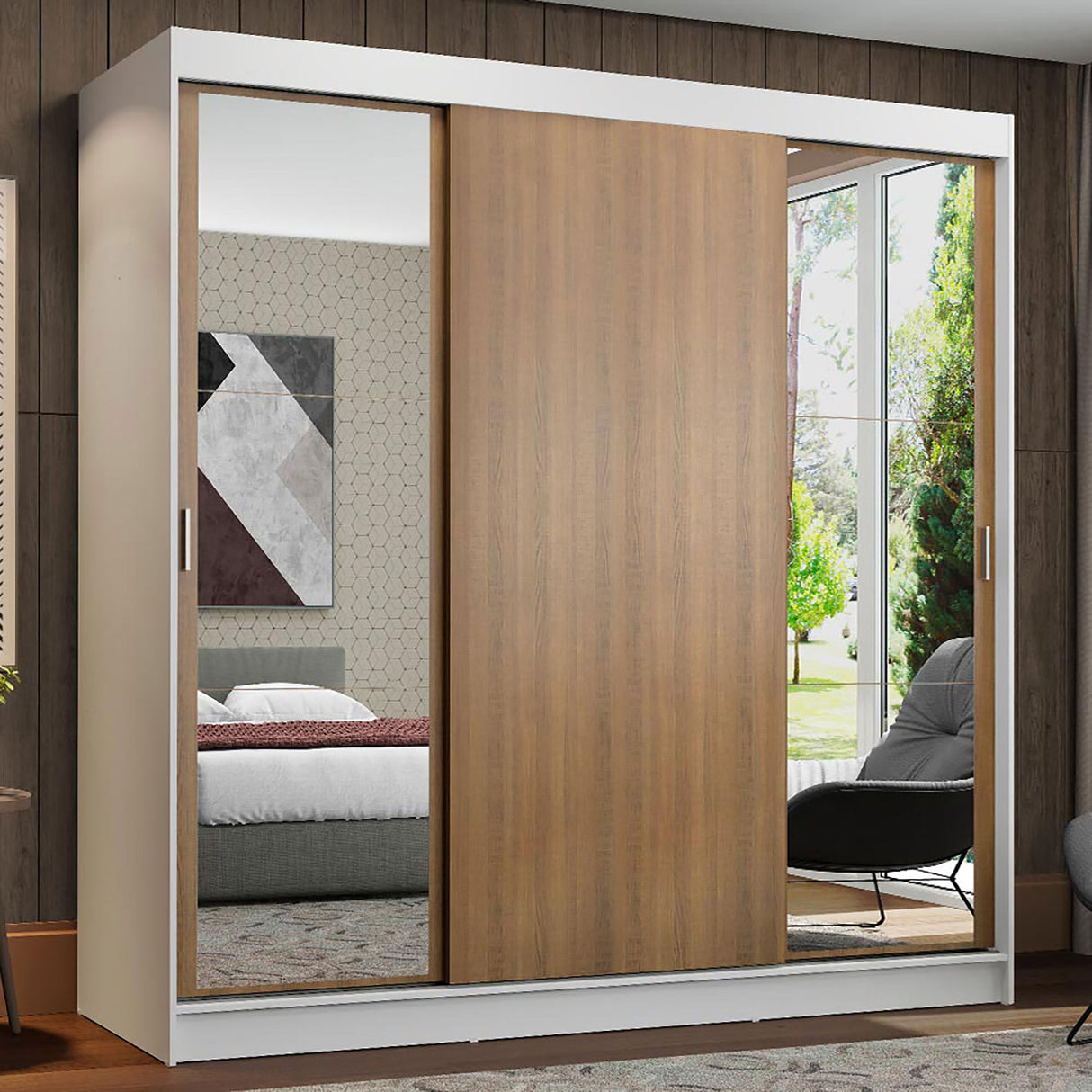 Closet Reno Blanco y Marron 180x205cm con Espejo y Cinco Cajones - Closets | Bylmo
