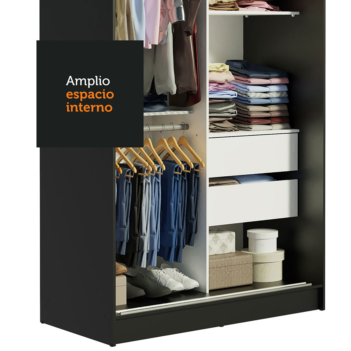 Closet Tokio Negro 109x218cm con Espejo y Cuatro Cajones - Closets | Bylmo
