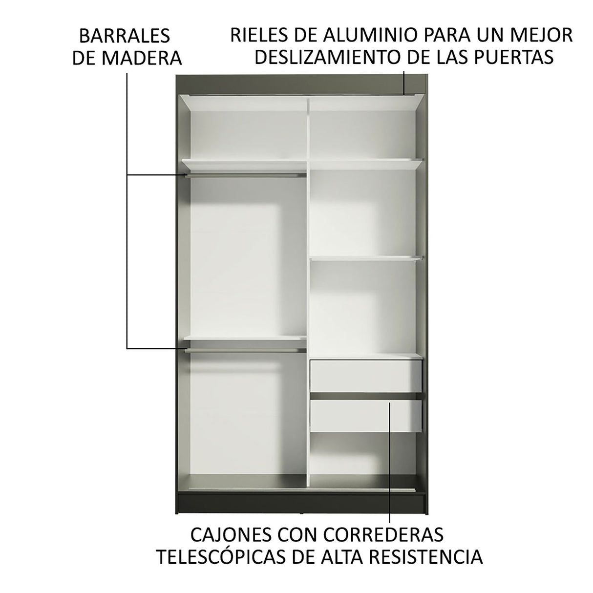 Closet Tokio Negro 109x218cm con Espejo y Cinco Cajones - Closets | Bylmo