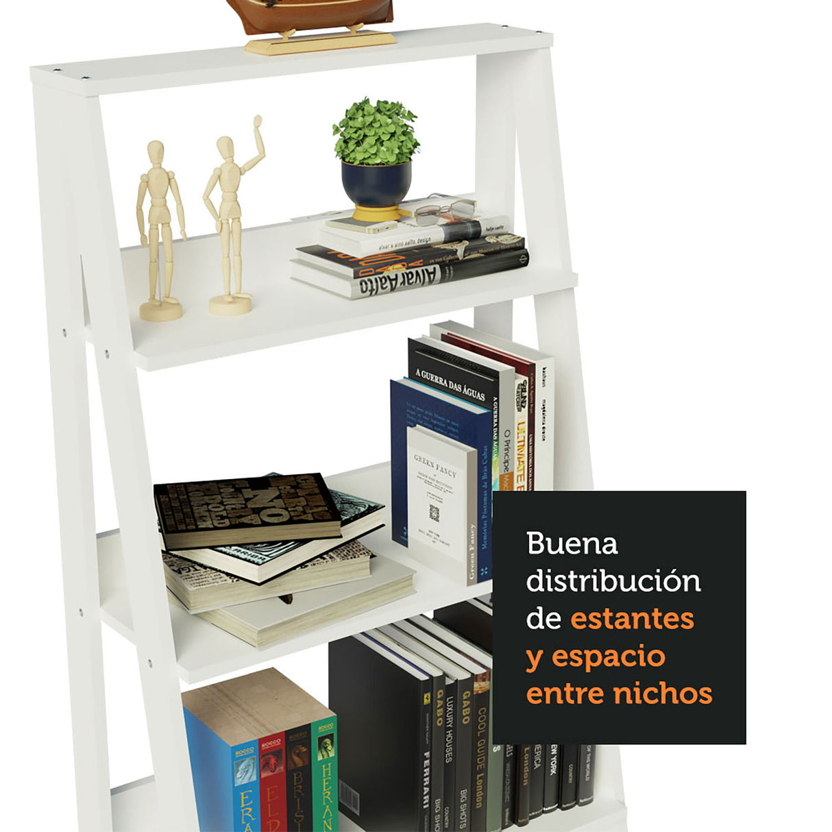 Estantería Ellie Blanco 61x140cm en Escalera con Cinco Entrepaños - Bibliotecas y Estanterías | Bylmo