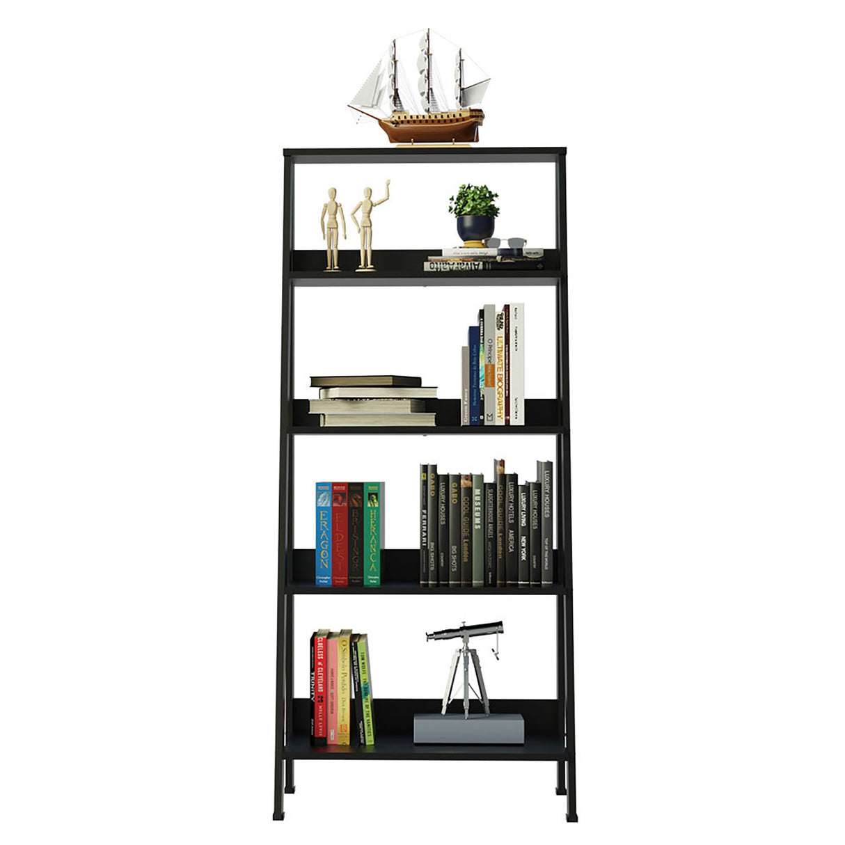 Estantería Ellie Negro 61x140cm en Escalera con Cinco Entrepaños - Bibliotecas y Estanterías | Bylmo