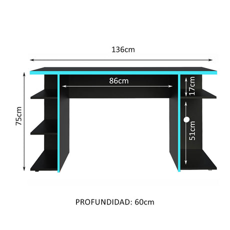 Escritorio Gamer Alaska NR Negro y Azul 136x75cm Sin Cajones - Escritorios | Bylmo
