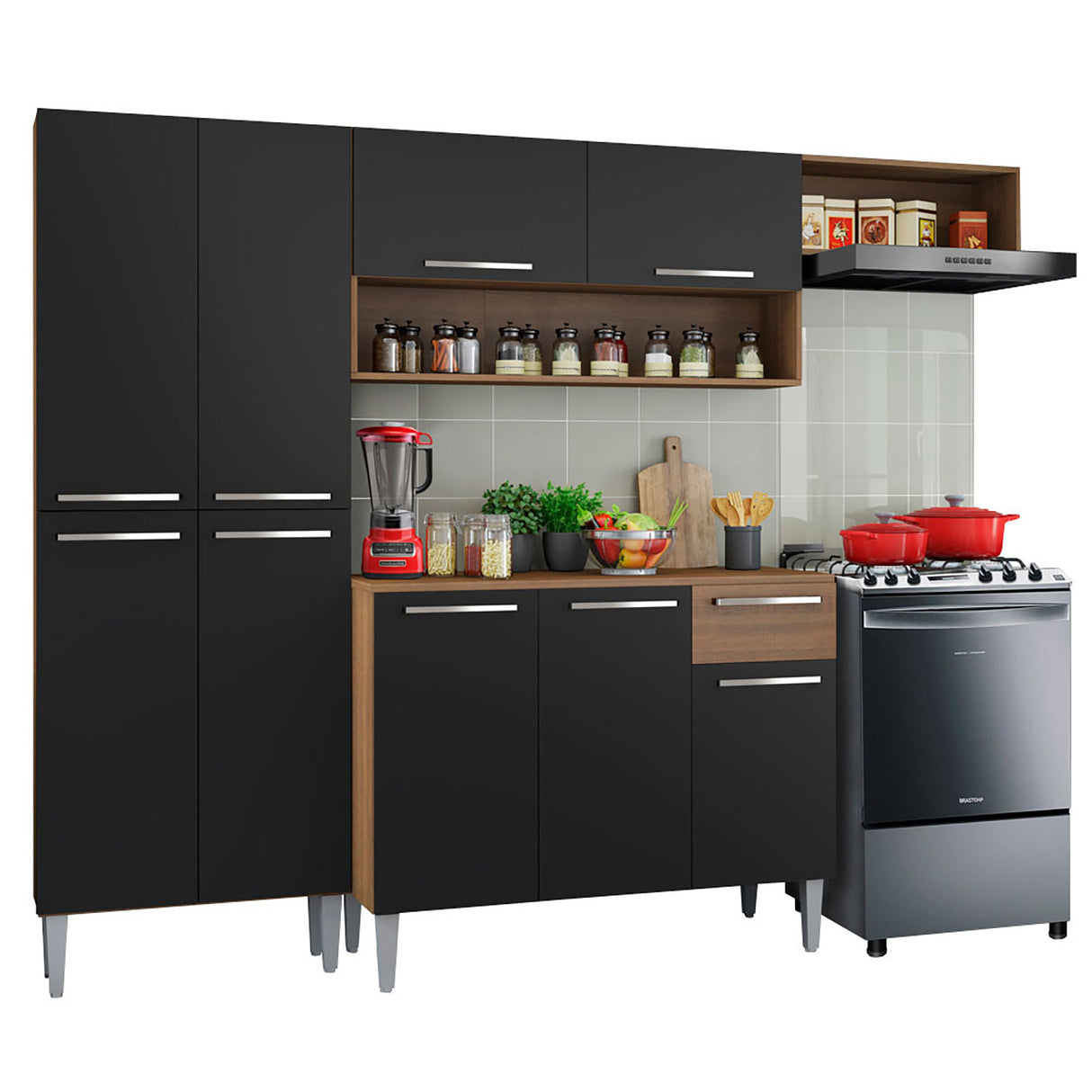 Cocina Integral Emilly Top Marron y Negro 229x186cm con Mesón de Madera - Cocinas | Bylmo