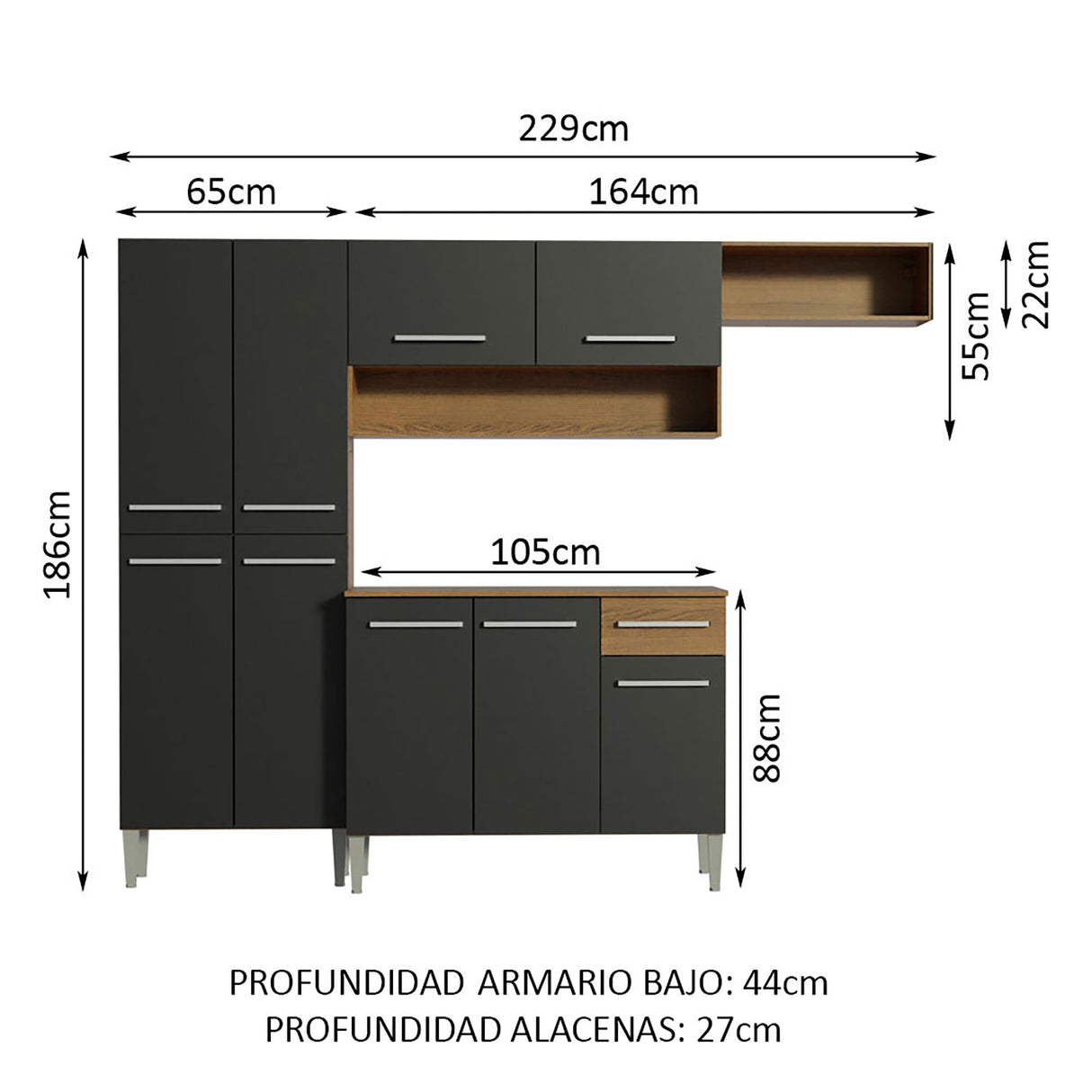 Cocina Integral Emilly Top Marron y Negro 229x186cm con Mesón de Madera - Cocinas | Bylmo