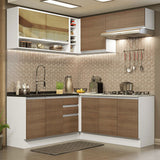 Cocina Integral Glamy Blanco y Marron 349x225cm sin Mesón con Puertas de Cristal Reflex - Cocinas | Bylmo