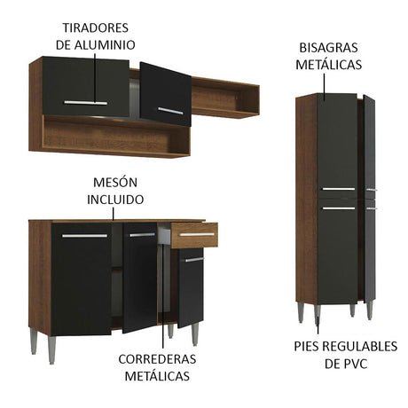 Cocina Integral Emilly Pop Marron y Negro 229x186cm con Mesón de Madera - Cocinas | Bylmo